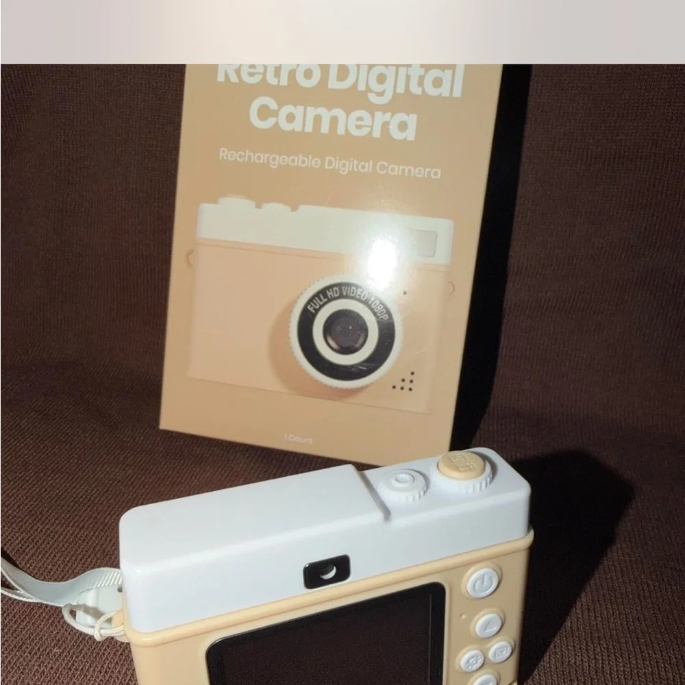 Retro-Style Digital Camera in Beige and White - Compact Point & Shoot,